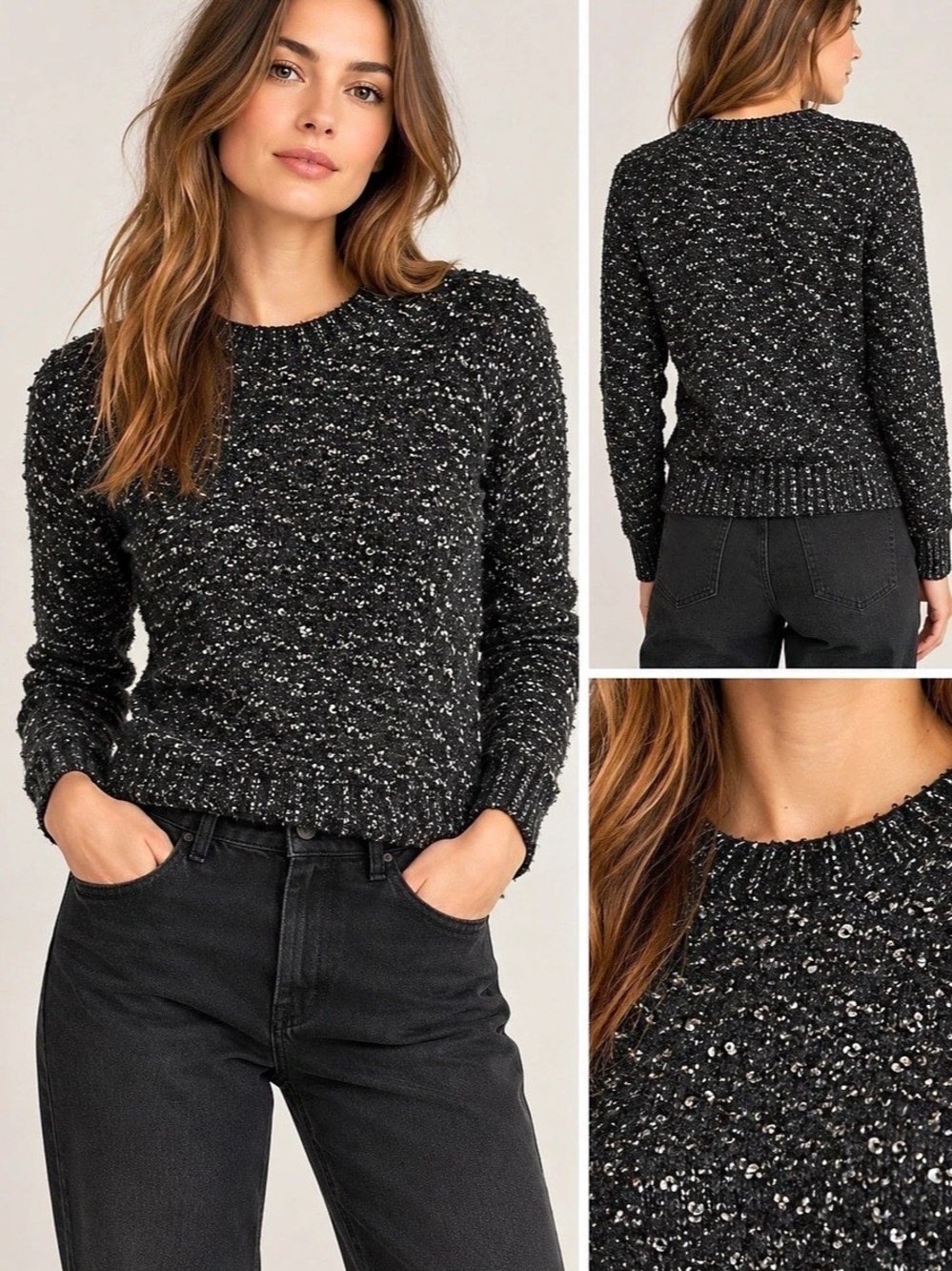 Alice + Olivia x Scoop Black Silver Sequin Mohair Knit Sweater XS Like New
